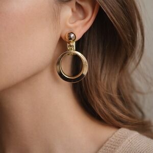 VTG MARVELLA Gold Tone Hoop Dangle Clip-On Earrings Mid Century Modern Signed